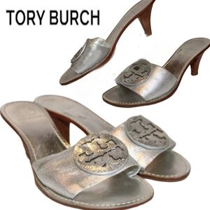 Tory Burch 9 M Heeled Slides Sandals Metallic Silver Leather Shoes